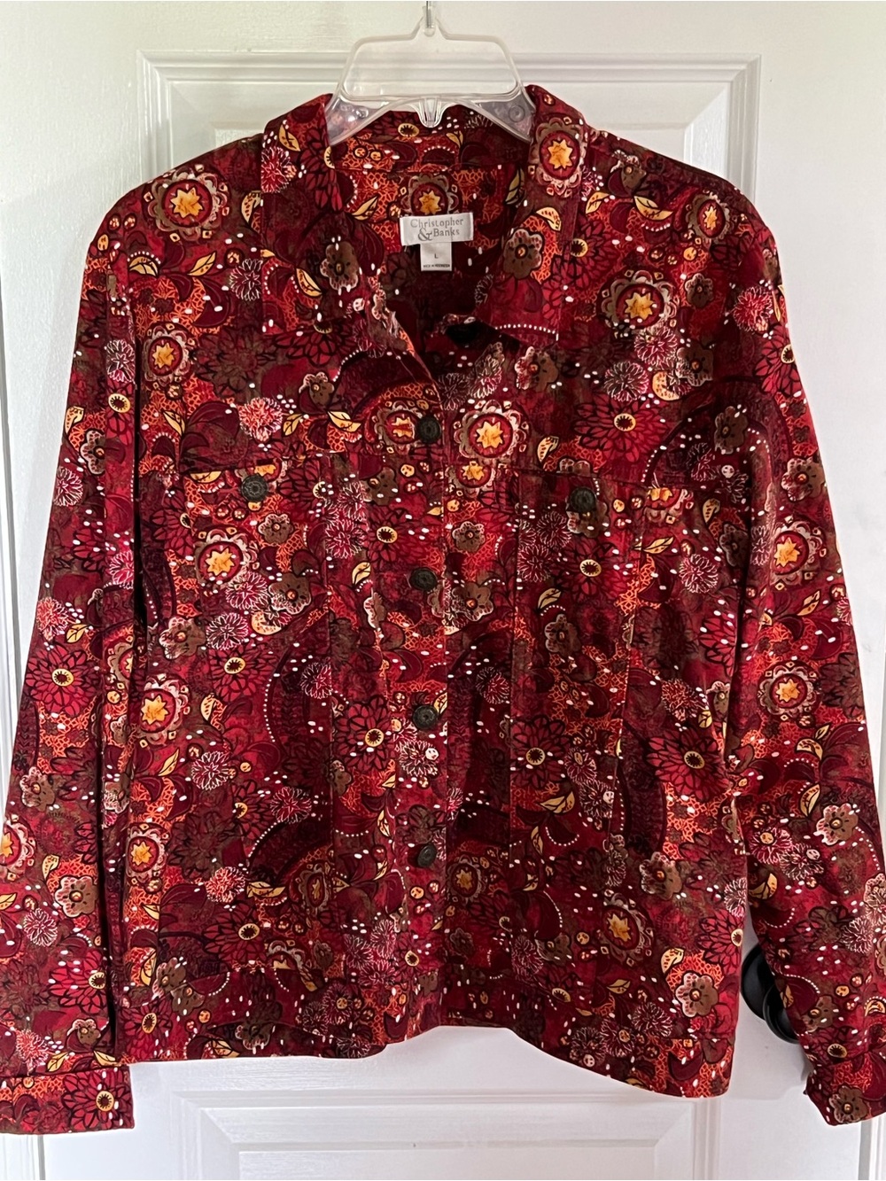 Christopher & Banks Red Paisley Floral Button-Down Shirt Jacket